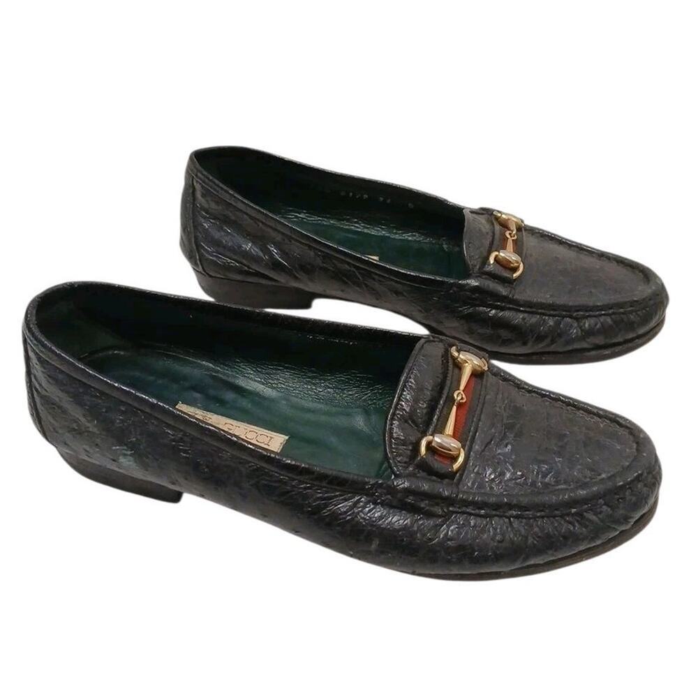 Gucci Horse Bit Loafers Flat‎ Shoes 36 Black Leathe Red Green Ribbon Horsebit